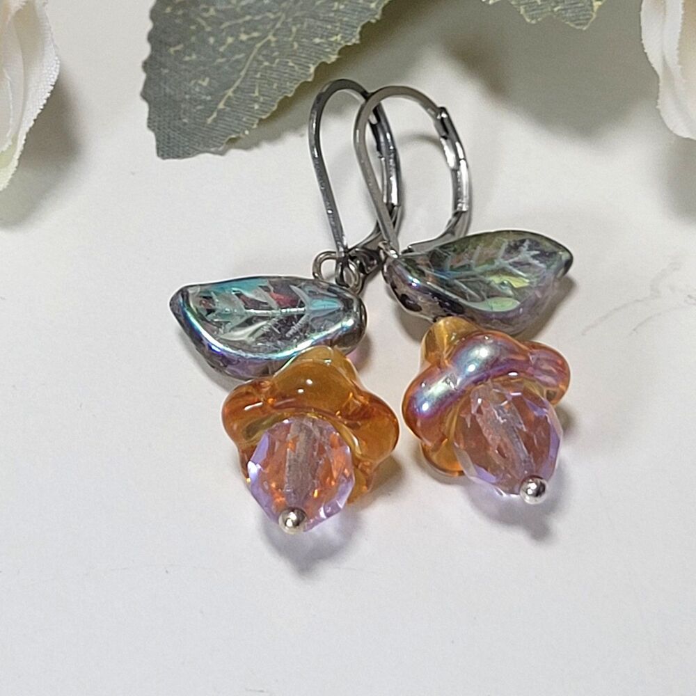 Yellow Glass Silver Leverback Hidden Meaning earrings Floral Fae Earthy 664■